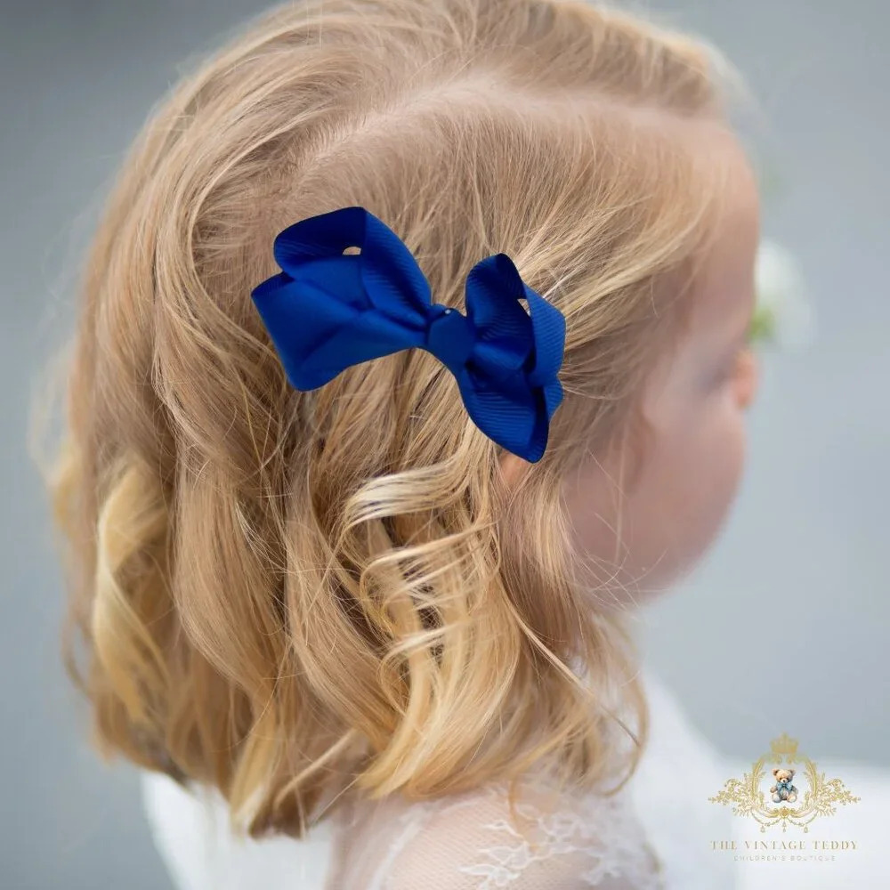 Set of 2 Pretty Girls Hair Bows Grosgrain Ribbon Hair Clips Accessory Royal Blue